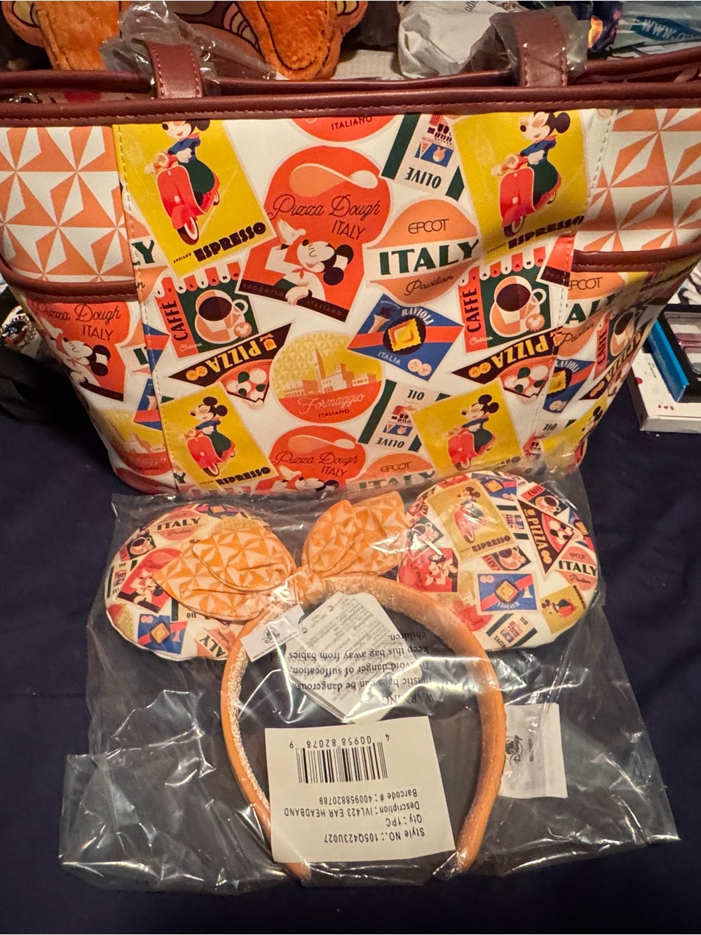 Disney Epcot Italy Print Tote with Matching Ears NWT